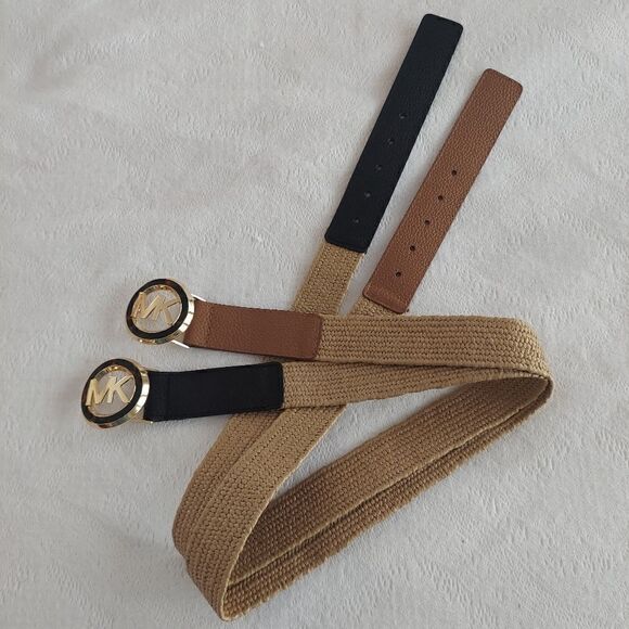 Michael Kors set of 2 Leather & Straw Stretch belts - Picture 3 of 5